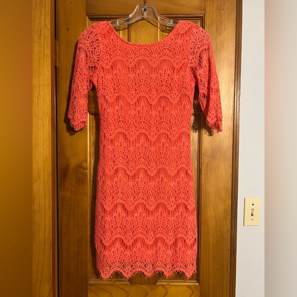 Ezra Vibrant Coral Lace Dress - Picture 1 of 5